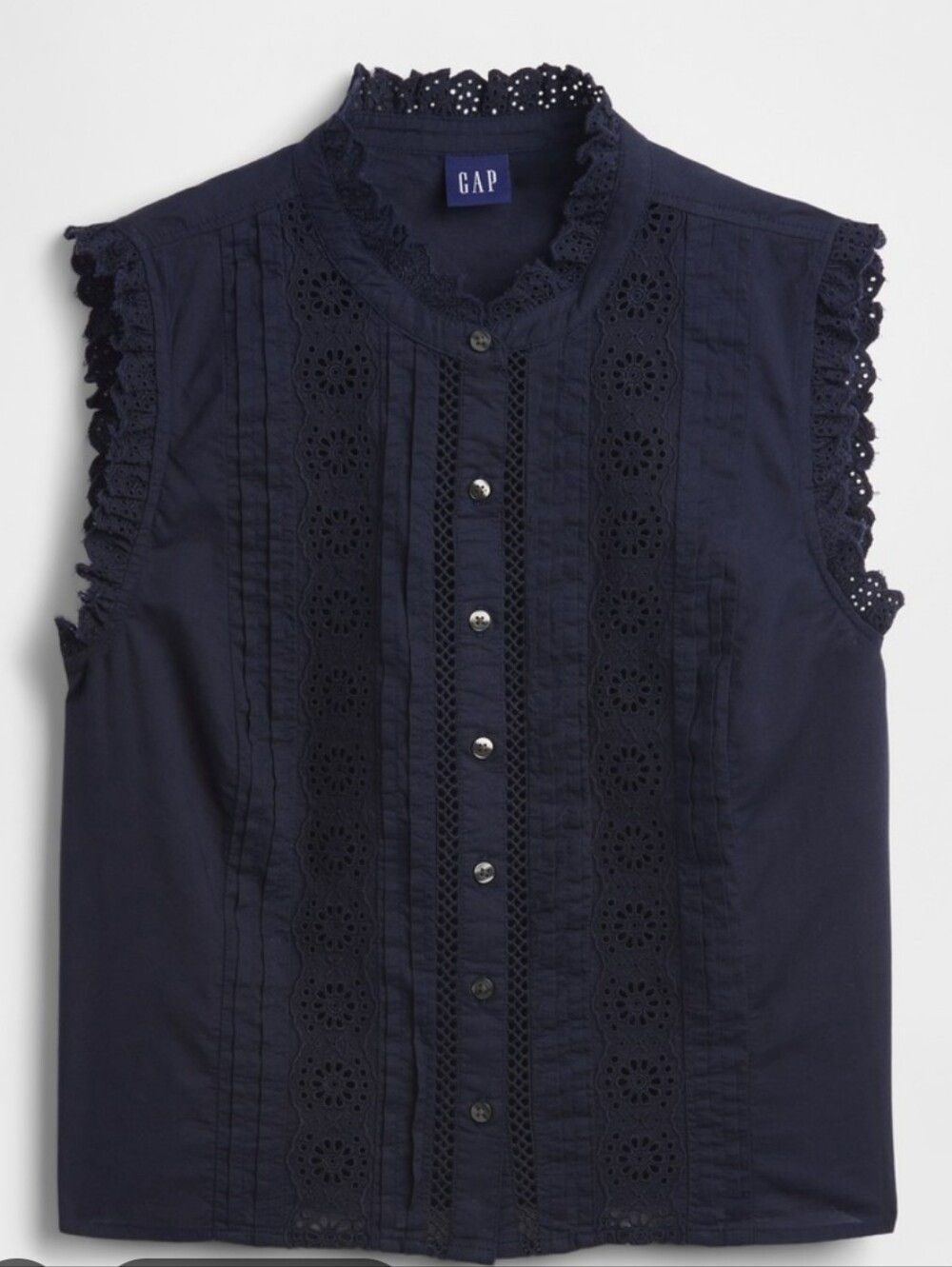 GAP Navy Lace-Trim Pintuck Button-Front Sleeveless Top